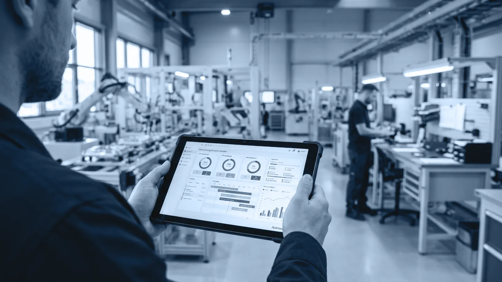 Operatore che consulta su tablet l'avanzamento della produzione in un reparto manifatturiero