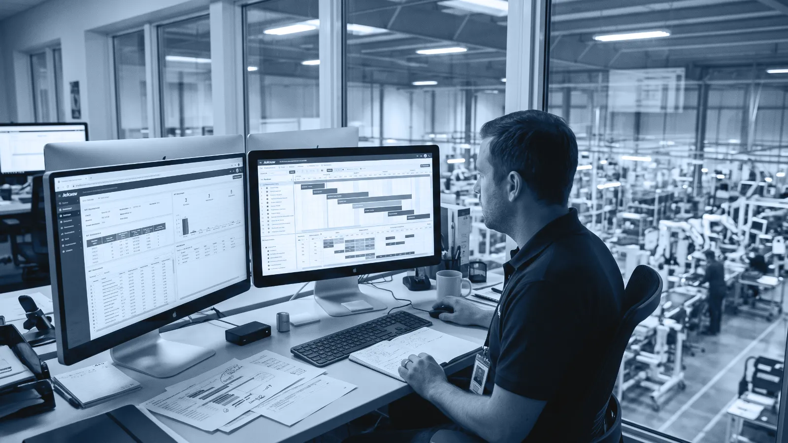 Pianificatore che consulta su due monitor il piano di produzione di K-Plan, con il reparto produttivo visibile oltre la vetrata
