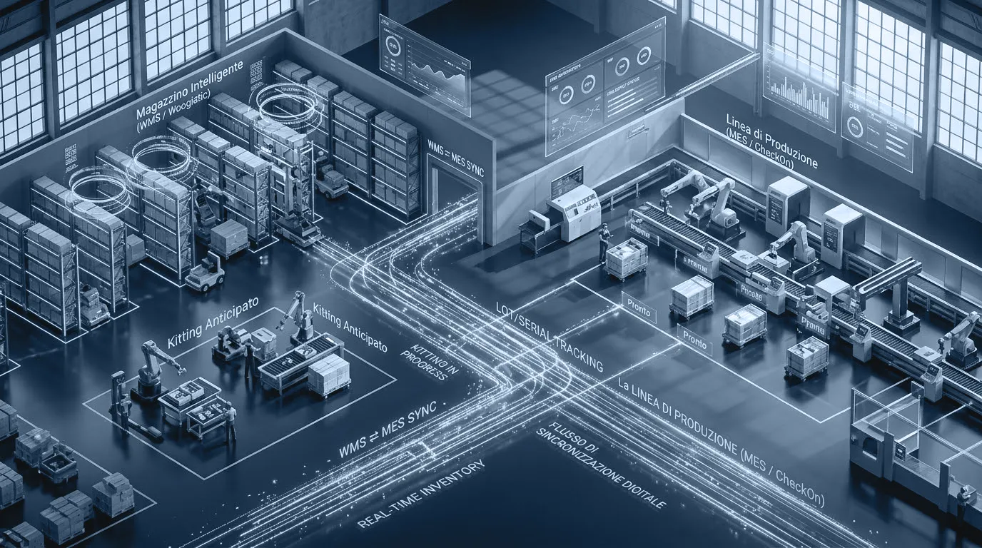Vista dall'alto di una fabbrica in cui i flussi di dati collegano il magazzino gestito da Woogistic alla linea di produzione controllata da CheckOn