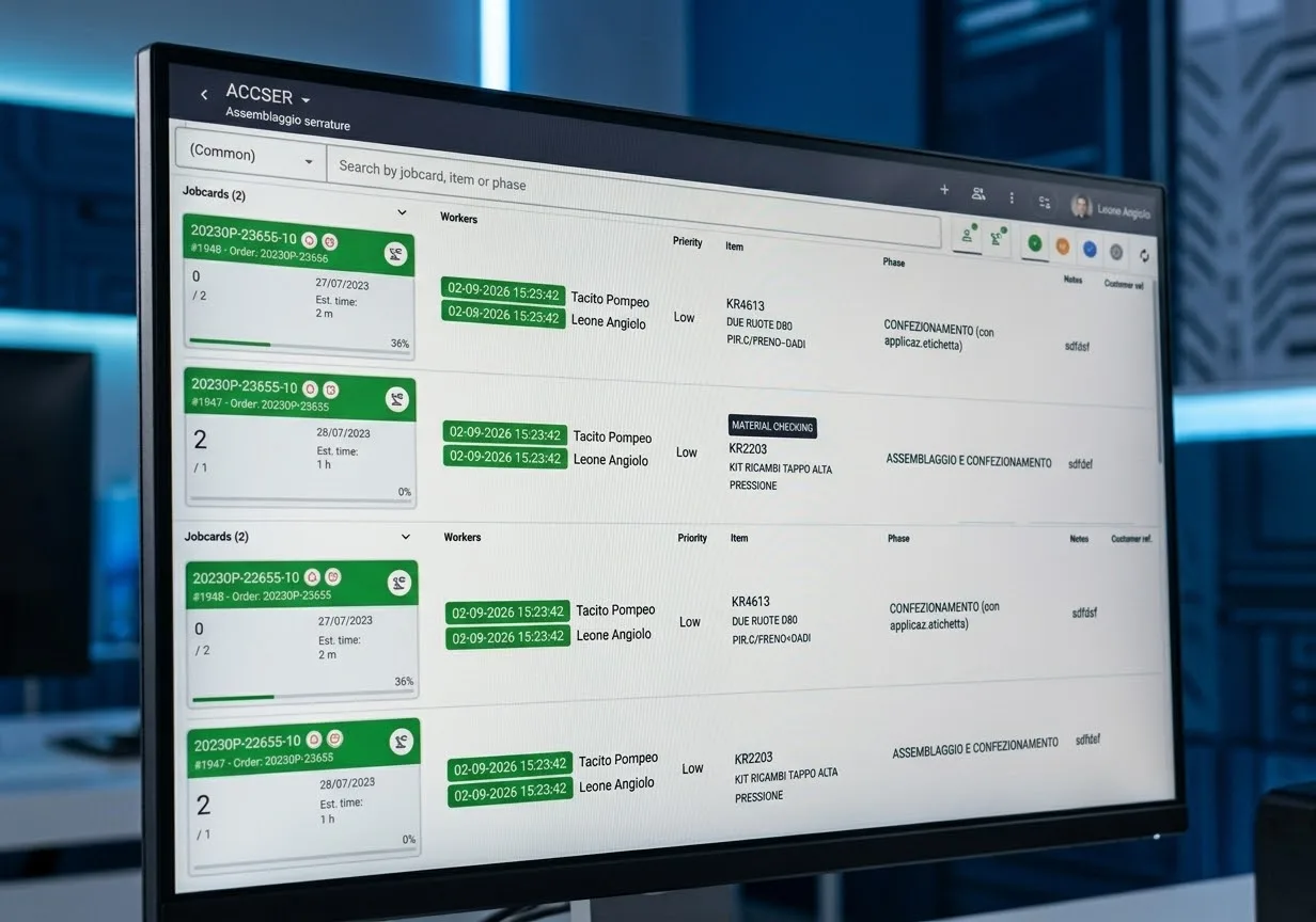 Schermata di CheckOn con le jobcard di produzione, gli operatori assegnati e le fasi in corso